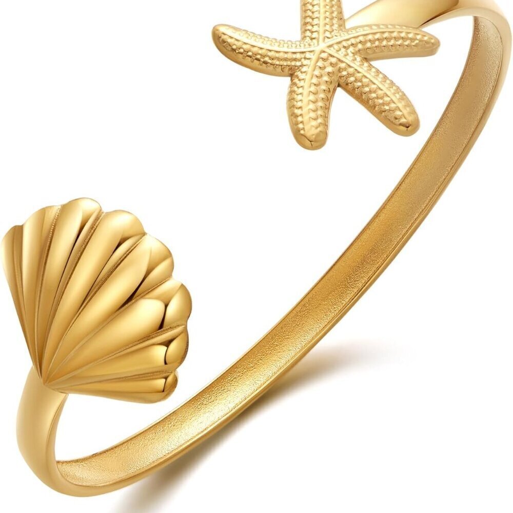 Gold Cuff Bracelet Brass Adjustable Marine Motifs Beach Jewelry